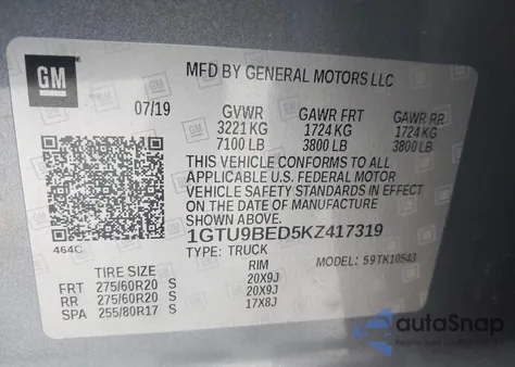 2019 GMC Sierra 1500 Sle from USA, damaged, VIN 1GTU9BED5KZ417319